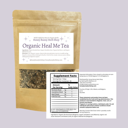 Heal Me Tea: Burdock & Dandelion Root, Red Clover, & Elderberry (detox/heal liver & skin, & boost immune system)