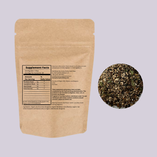 Heal Me Tea: Burdock & Dandelion Root, Red Clover, & Elderberry (detox/heal liver & skin, & boost immune system)